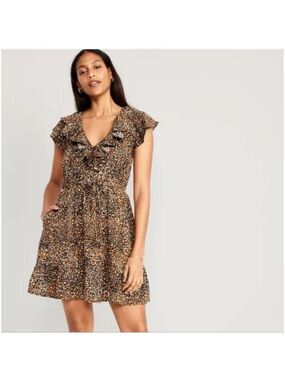 OLD NAVY | Waist-Defined Ruffle-Trim Mini Dress leopard Print Sz S
